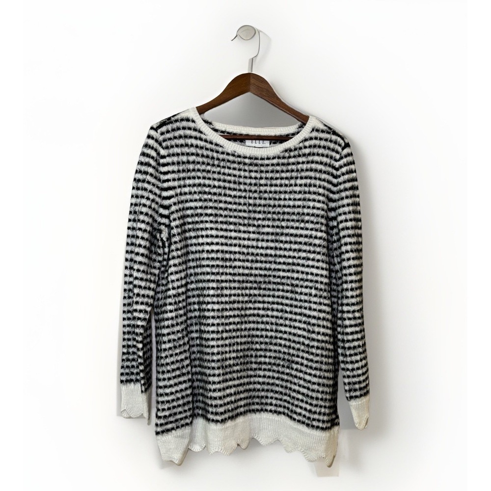Elle Black White Striped Knit Sz XL Sweater Textured Long Sleeve Classic